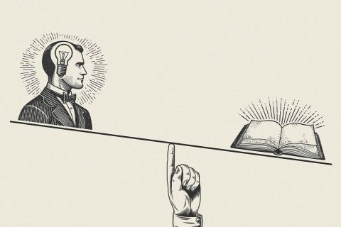 Stylized line drawing of a balance with a head with light bulb (to represent myths) and an open Bible (to represent truth). This illustrated the article Five Myths About Grace.