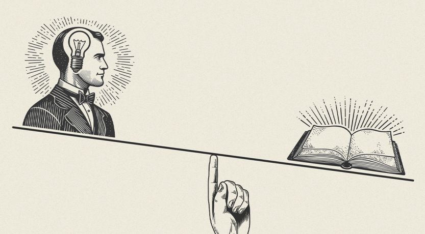 Stylized line drawing of a balance with a head with light bulb (to represent myths) and an open Bible (to represent truth). This illustrated the article Five Myths About Grace.